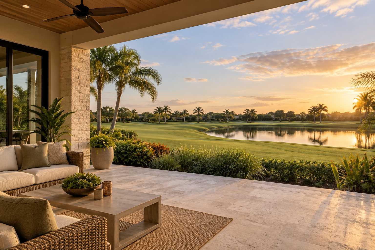 Illustrative patio looking toward golf and water